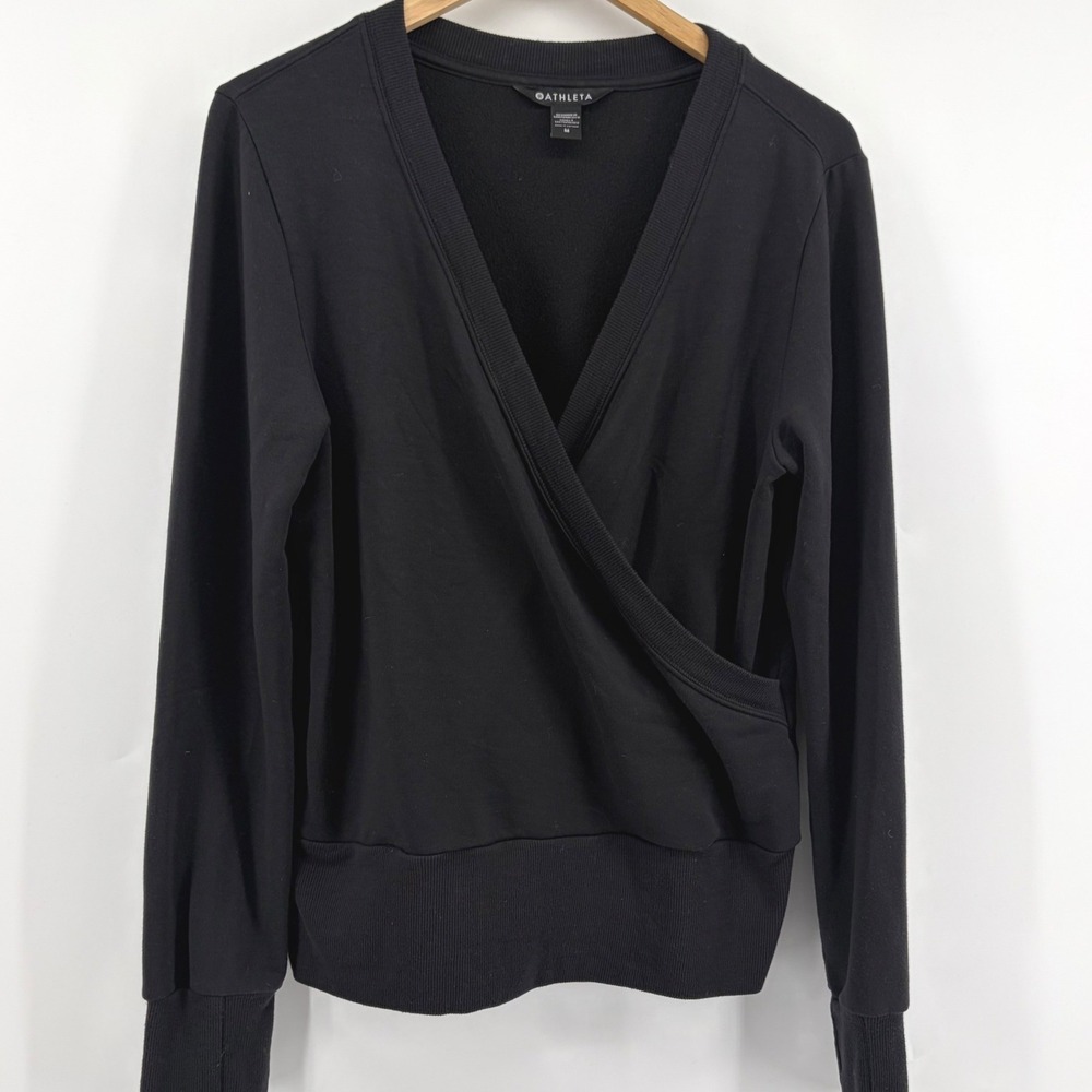 Athleta Womens Black Tencel Wrap Pullover Sweatshirt Surplice V-Neck Medium